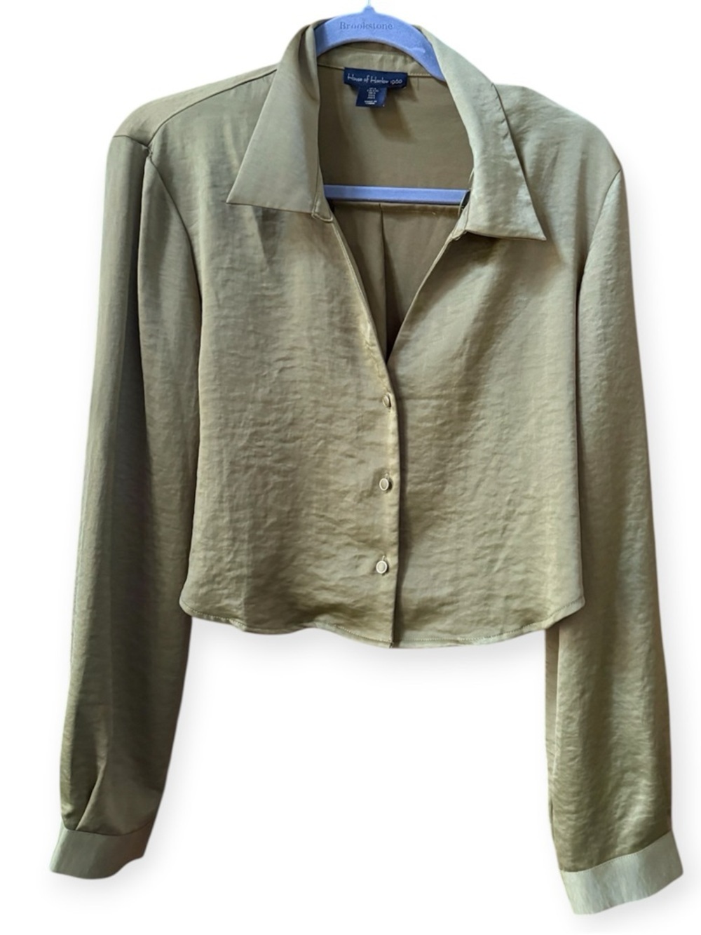 House of Harlow1960 green satin button-down cropped blouse from EUC